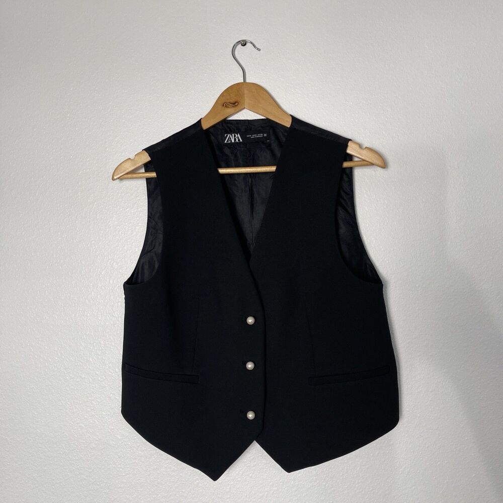 Zara Vest Pearl Buttons Black Waistcoat V Neck False Welt Pockets Size M Office